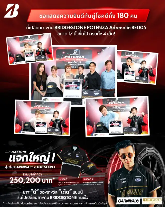 Bridgestone Announces 180 Lucky Winners from the “Big Giveaway! Win Exclusive CARNIVAL(R) x TOP SECRET” Campaign